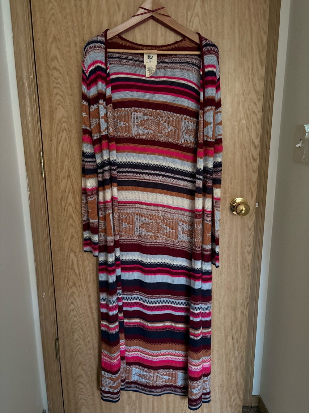 Billabong Long Open-Front Duster Cardigan in Brown, Pink, White and Navy